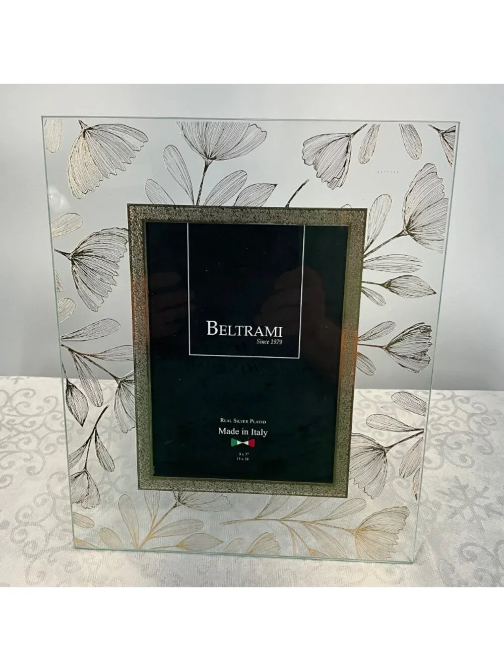 Beltrami Real Silver Plated Glass Picture Frame 5x7 Floral Design Made In Italy